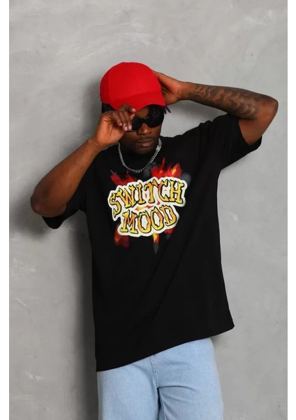 Unisex Oversize Baskılı Bisiklet Yaka T-Shirt - Siyah fırsatları