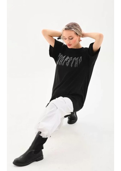 Unisex Taş Desenli Oversize T-Shirt - Siyah fırsatları