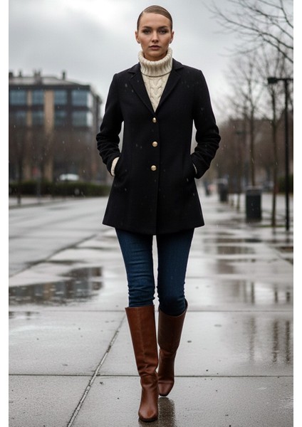 Tasarım Yaka Şık Kaşe Siyah Kaban fiyatları