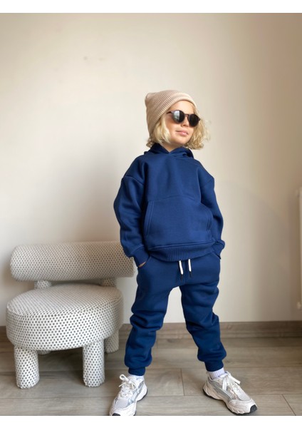 Erkek / Kız Çocuk Eşofman Takımı Kanguru Cepli Kapüşonlu 3 Iplik Şardonlu Indigo
