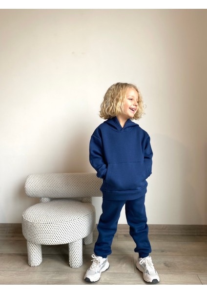 Erkek / Kız Çocuk Eşofman Takımı Kanguru Cepli Kapüşonlu 3 Iplik Şardonlu Indigo fiyatları