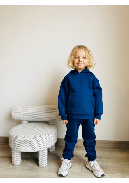 Erkek / Kız Çocuk Eşofman Takımı Kanguru Cepli Kapüşonlu 3 Iplik Şardonlu Indigo modelleri