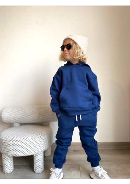 Erkek / Kız Çocuk Eşofman Takımı Kanguru Cepli Kapüşonlu 3 Iplik Şardonlu Indigo indirimleri