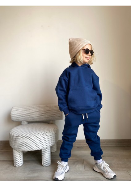 Erkek / Kız Çocuk Eşofman Takımı Kanguru Cepli Kapüşonlu 3 Iplik Şardonlu Indigo