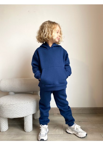 Erkek / Kız Çocuk Eşofman Takımı Kanguru Cepli Kapüşonlu 3 Iplik Şardonlu Indigo