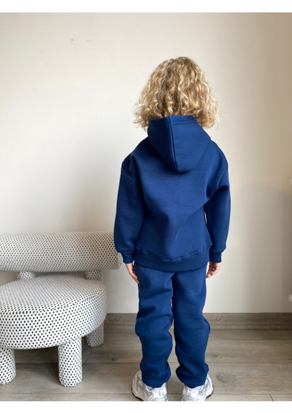 Erkek / Kız Çocuk Eşofman Takımı Kanguru Cepli Kapüşonlu 3 Iplik Şardonlu Indigo