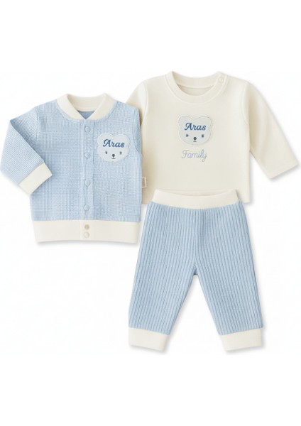 Ayıcık Desenli Isme Özel Nakışlı Mavi Beyaz 3 Lü Bebek Takımı 3-6 Ay