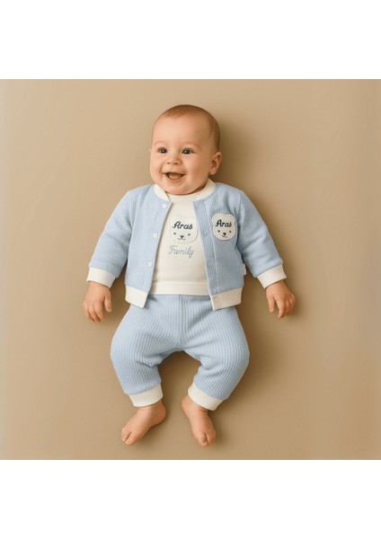 Ayıcık Desenli Isme Özel Nakışlı Mavi Beyaz 3 Lü Bebek Takımı 3-6 Ay fiyatları