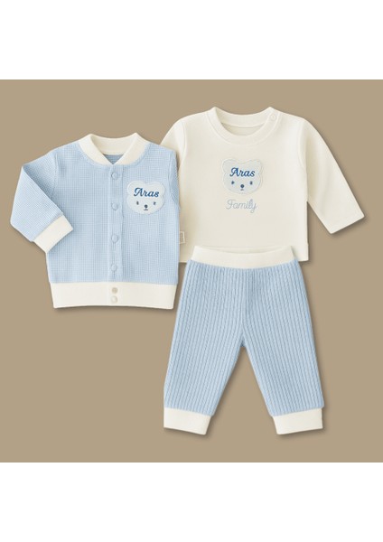 Ayıcık Desenli Isme Özel Nakışlı Mavi Beyaz 3 Lü Bebek Takımı 3-6 Ay modelleri