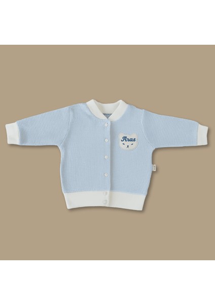 Ayıcık Desenli Isme Özel Nakışlı Mavi Beyaz 3 Lü Bebek Takımı 3-6 Ay fırsatları