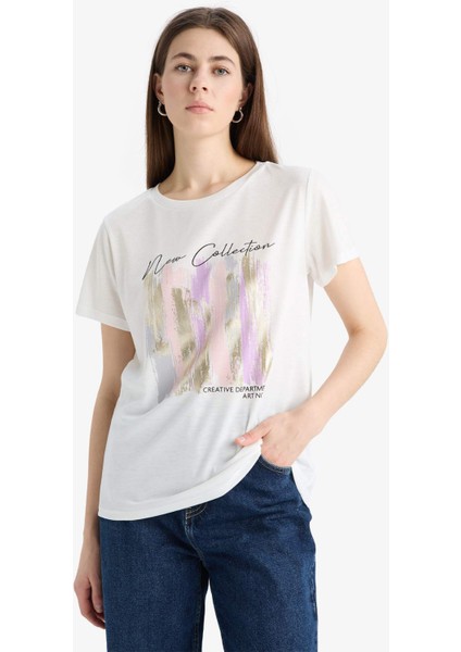 Regular Fit Bisiklet Yaka Baskılı Kısa Kollu Tişört E5061AX25SP