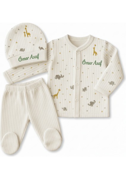 Fil Zürafa Baskılı Isme Özel Nakışlı Beyaz 3 Lü Bebek Takımı 6-9 Ay