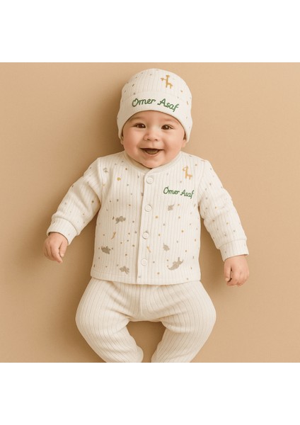 Fil Zürafa Baskılı Isme Özel Nakışlı Beyaz 3 Lü Bebek Takımı 6-9 Ay fiyatları