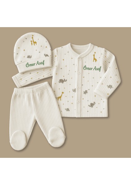 Fil Zürafa Baskılı Isme Özel Nakışlı Beyaz 3 Lü Bebek Takımı 6-9 Ay modelleri