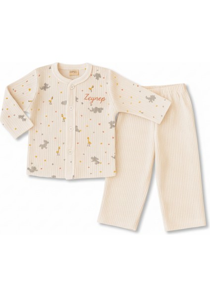 Fil Zürafa Baskılı Isme Özel Nakışlı Toz Pembe 2 Li Bebek Takımı 3-6 Ay