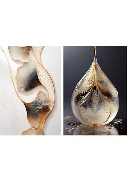 Rosa Art Çerçevesiz Poster 2'li Set | Soyut Ginkgo Biloba Yaprağı ve Su Damlası Posteri | Dijital Baskı Poster