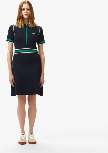 Kadın Classic Fit Kısa Kollu Polo Yaka Renk Bloklu Lacivert Elbise