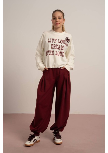 09-15 Yaş Arası Kız Çocuk 2 Iplik Lastik Paça Pantolon - Bordo