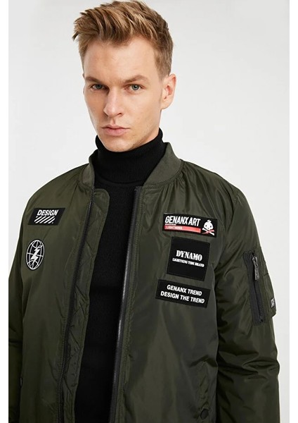 Erkek Haki Baskı Detaylı Su Geçirmez Pvc Kaplamalı Mont