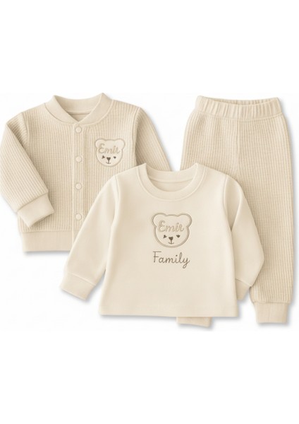 Ayıcık Desenli Isme Özel Nakışlı Krem 3 Lü Bebek Takımı 9-12 Ay