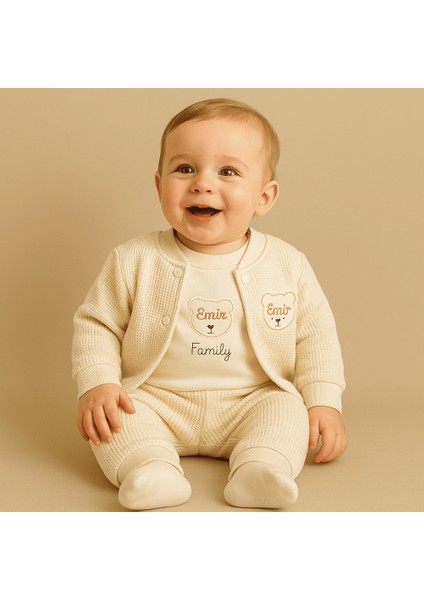 Ayıcık Desenli Isme Özel Nakışlı Krem 3 Lü Bebek Takımı 9-12 Ay fiyatları