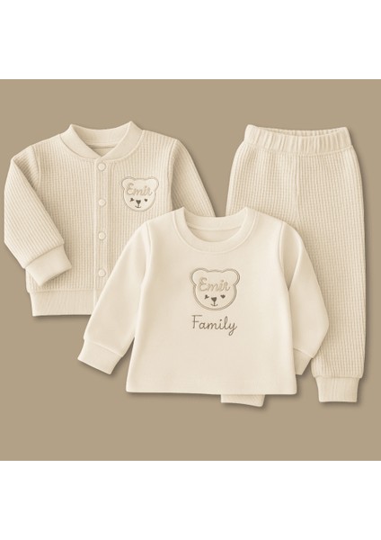 Ayıcık Desenli Isme Özel Nakışlı Krem 3 Lü Bebek Takımı 9-12 Ay modelleri
