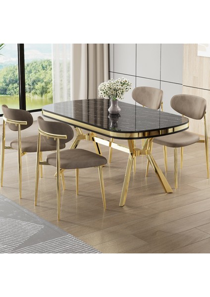 Olya Serisi 90X168 Lak Panel Sonata Masa Takımı Gold Ayaklı 4 Cappucino Sandalye