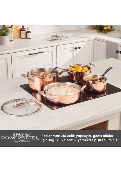 Power Steel 316+ 3ply Galileo 8 Parça Çelik Tencere Seti modelleri