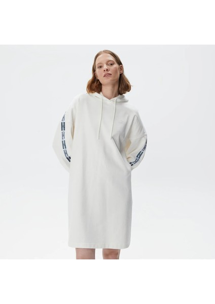 Kadın Loose Fit Truvakar Kollu Kapüşonlu Baskılı Beyaz Elbise