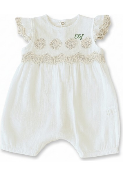 Isme Özel Nakışlı Ekru Brodeli Krinkıl Bebek Elbise 6 Ay