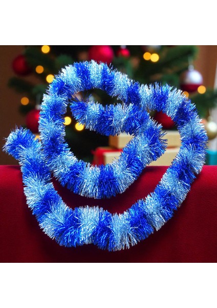 2 Metre Metalik Mavi Gümüş Yılbaşı Boyun Simi Mavi Gümüş Yumuşak Boyun Garlandı Mavi Süsleme Simi