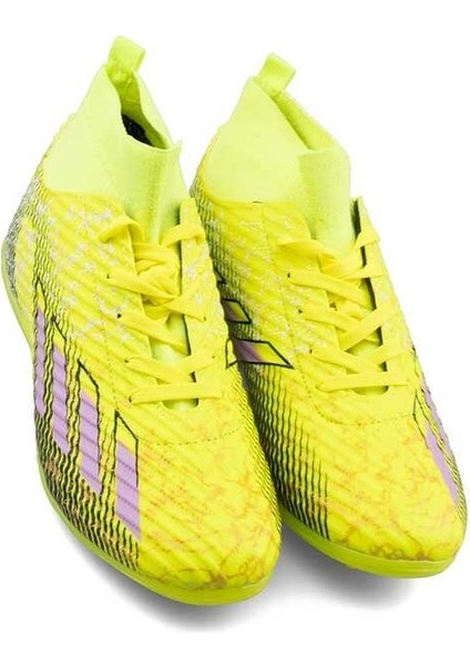 Erkek Halı Saha Ayakkabısı – Çoraplı Dokuma Model – Sarı Lila Renk – Kaymaz Taban – Futbol Spor Ayakkabı