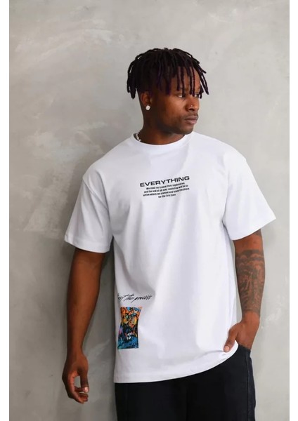 Unisex Bisiklet Yaka Baskılı Oversize T-Shirt - Beyaz