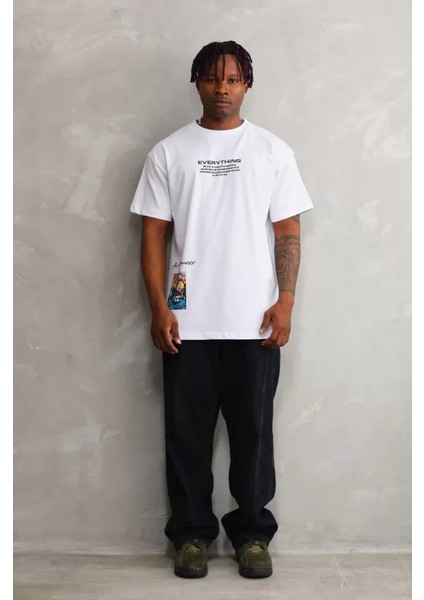 Unisex Bisiklet Yaka Baskılı Oversize T-Shirt - Beyaz fırsatları