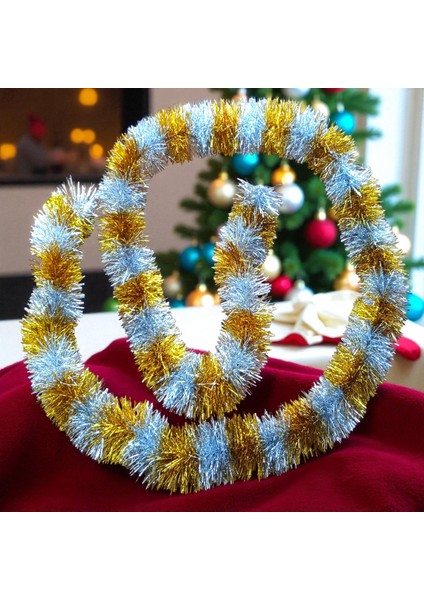 2 Metre Metalik Gümüş Gold Yılbaşı Boyun Simi Gümüş Gold Yumuşak Boyun Garlandı Gümüş Süsleme Simi