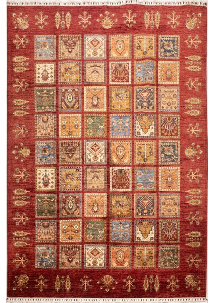 El Dokuma Afgan Halı Yün Kök Boya Ayna Desenli Kırmızı