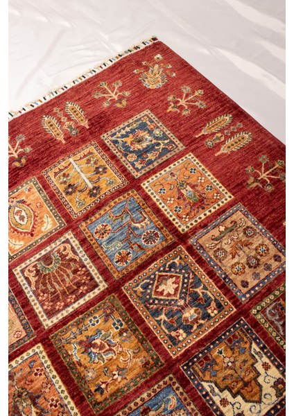 El Dokuma Afgan Halı Yün Kök Boya Ayna Desenli Kırmızı indirimleri