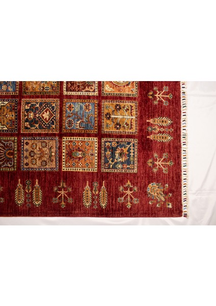 El Dokuma Afgan Halı Yün Kök Boya Ayna Desenli Kırmızı