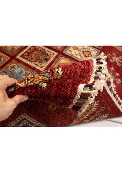 El Dokuma Afgan Halı Yün Kök Boya Ayna Desenli Kırmızı