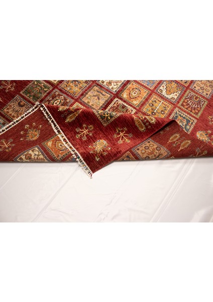 El Dokuma Afgan Halı Yün Kök Boya Ayna Desenli Kırmızı