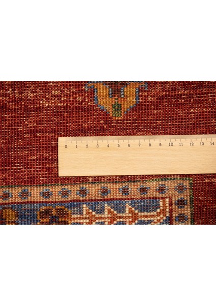 El Dokuma Afgan Halı Yün Kök Boya Ayna Desenli Kırmızı