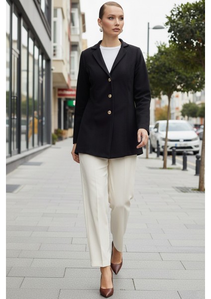 Üç Düğme Tasarım Yaka Kaşe Şık Siyah Kaban