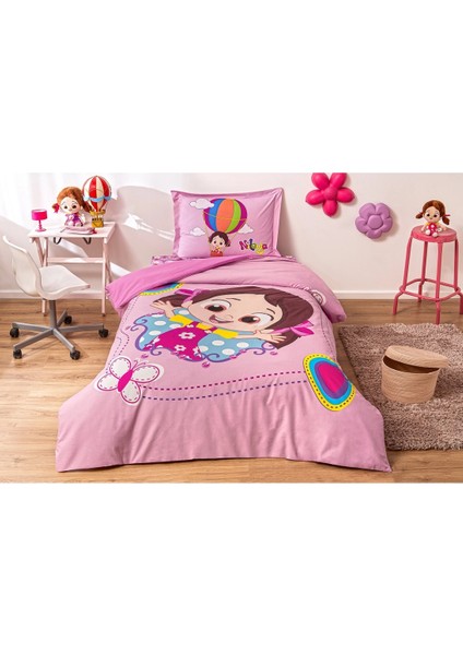 Lisanslı Fitted Çarşaflı Tek Kişilik Çocuk Nevresim Takımı-Niloya Kelebek Pembe fırsatları