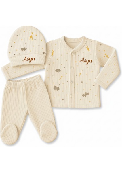 Fil Zürafa Baskılı Isme Özel Nakışlı Krem 3 Lü Bebek Takımı 9-12 Ay