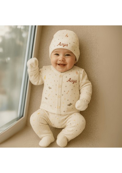 Fil Zürafa Baskılı Isme Özel Nakışlı Krem 3 Lü Bebek Takımı 9-12 Ay fiyatları