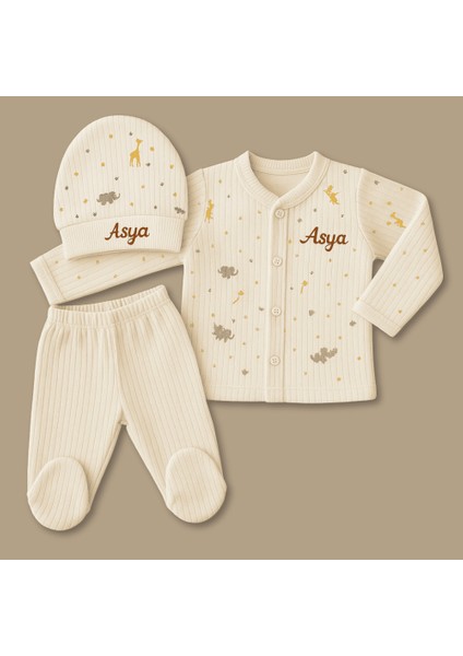 Fil Zürafa Baskılı Isme Özel Nakışlı Krem 3 Lü Bebek Takımı 9-12 Ay modelleri