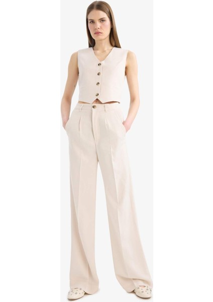 Wide Leg Keten Karışımlı Palazzo Pantolon Yüksek Bel Geniş Bol Paça Pensli Cepli A1922AX25SM