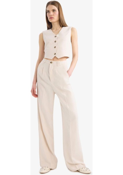 Wide Leg Keten Karışımlı Palazzo Pantolon Yüksek Bel Geniş Bol Paça Pensli Cepli A1922AX25SM