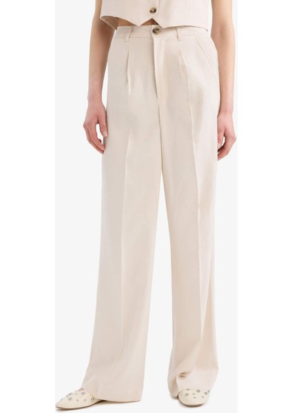 Wide Leg Keten Karışımlı Palazzo Pantolon Yüksek Bel Geniş Bol Paça Pensli Cepli A1922AX25SM