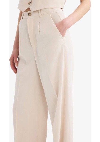 Wide Leg Keten Karışımlı Palazzo Pantolon Yüksek Bel Geniş Bol Paça Pensli Cepli A1922AX25SM